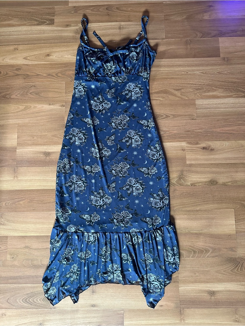Hot Topic Cosmic Aura Black and Blue Rose Butterfly Hanky Hem Dress